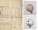 Ostatni list Edwarda �uczaka do rodzic�w napisany 21 wrze�nia 1939 r. ze szpitala wojennego w Kutnie oraz jego zegarek, uszkodzony przez niemiecki pocisk (pami�tki ze zb. rodzinnych).