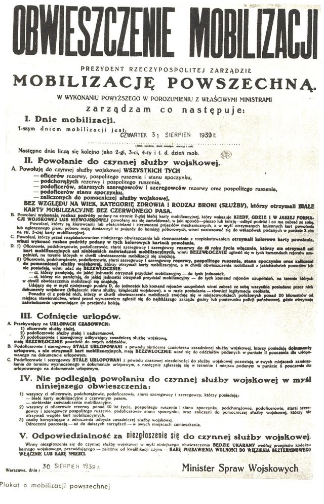 Obwieszczenie og�aszaj�ce mobilizacj� powszechn� na dzie� 31 sierpnia 1939 (�r�d�o: Wikimedia Commons).